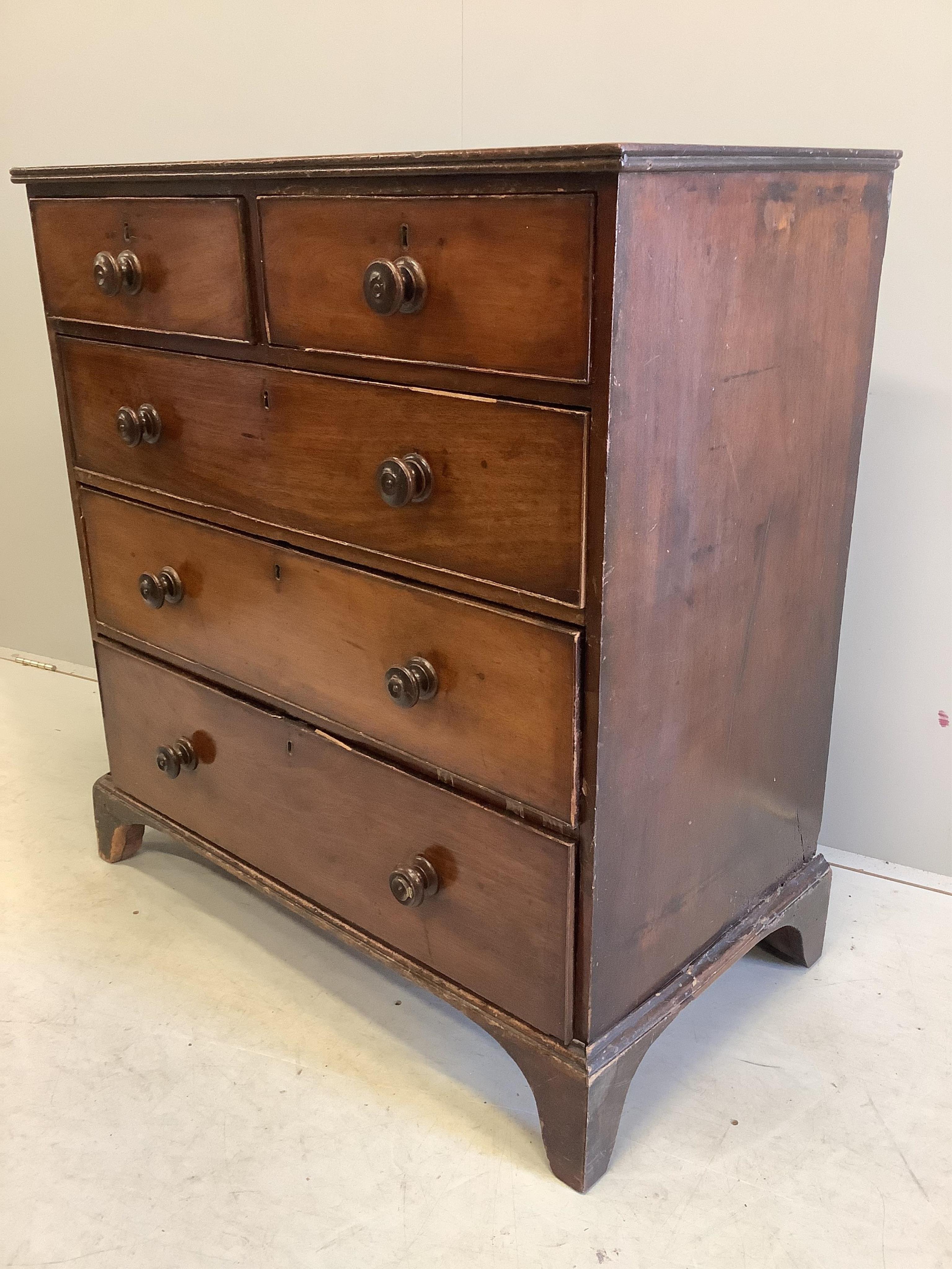 A George III Provincial mahogany chest of drawers, width 93cm, depth 50cm, height 100cm. Condition - poor to fair